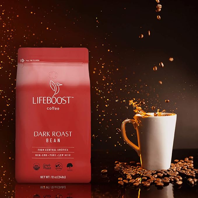Lifeboost Coffee Dark Organic Coffee Beans - Dark Roast Low Acid Coffee Beans - Single Origin Non-GMO Organic Coffee - Third Party Tested For Mycotoxins & Pesticides - Whole Bean - 12 Ounces