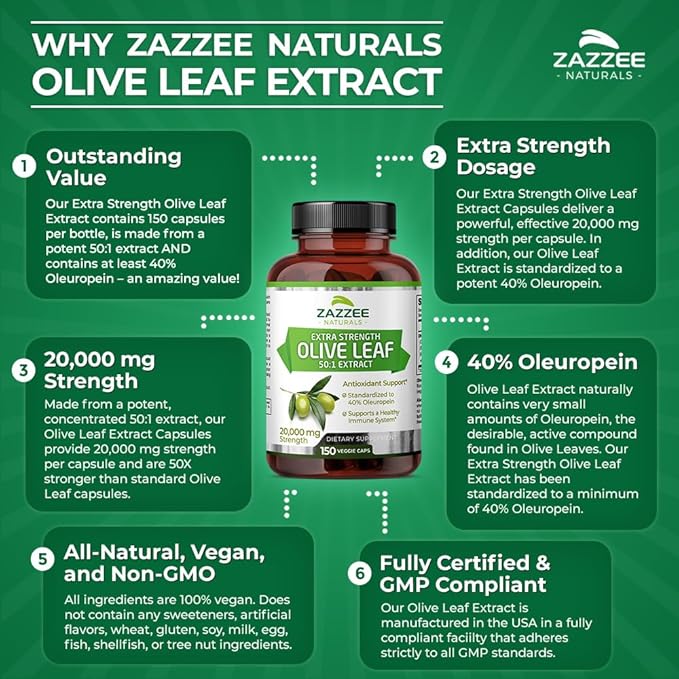 Zazzee Extra Strength Olive Leaf 50:1 20,000 mg 40% Oleuropein, 150 Vegan 5 Month 50X Extract, 100% Vegetarian,