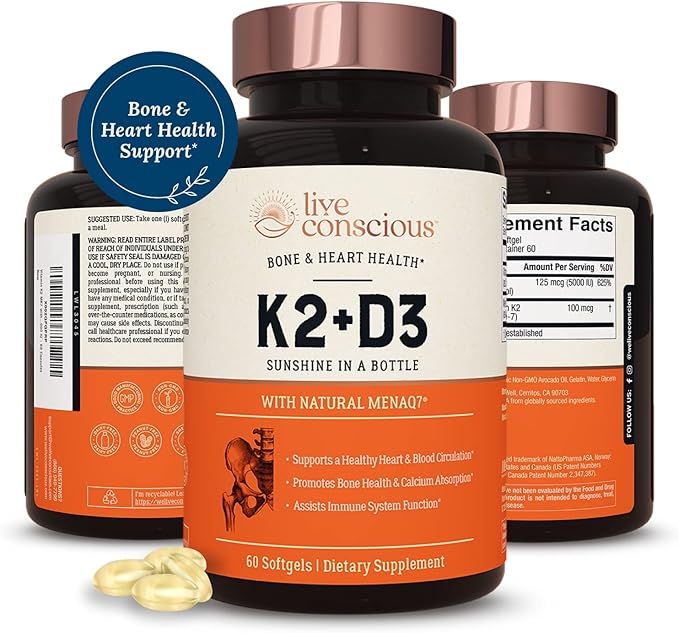 Live Conscious Vitamin K2 MK7 D3 Supplement D3 5000 5000 IU 60 Softgels