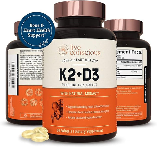 Live Conscious Vitamin K2 MK7 D3 Supplement D3 5000 5000 IU 60 Softgels