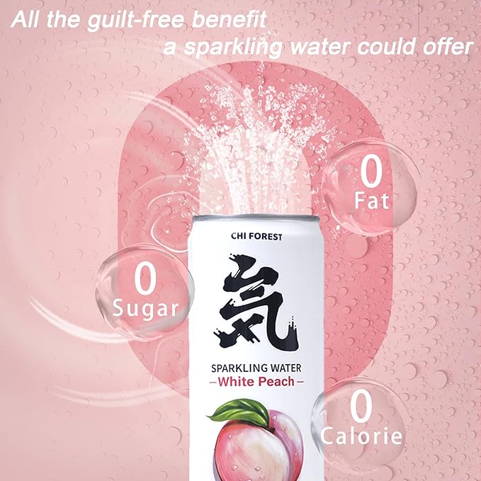CHI FOREST White Peach Sparkling Water 24 Cans, Flavored Sparkling Water, 0 Sugar and 0 Calorie Bubbly Water, Refreshing Carbonated Water, Perfect for Party, Exercise or Work, 11.16 Fl oz, Pack of 24