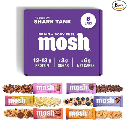 MOSH Variety Pack Keto Protein Bars, High Fiber, Low Carb, Gluten Free, High Protein, Brain Healthy Snack with Ashwagandha, Lion's Mane, 6 Count