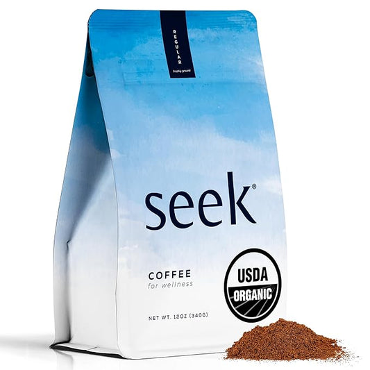 Seek Low Acid Coffee - Mold Free Coffee - Certified Organic Clean Coffee - Non-GMO 100% Arabica Ground Coffee - Third Party Tested For Mycotoxins & Pesticides - 12 Ounces