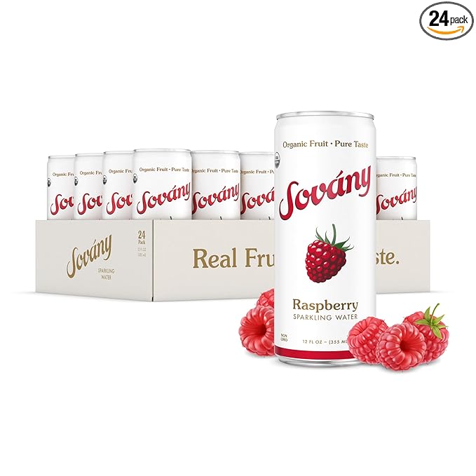 Sovány Sparkling Water, Raspberry, Seltzer Water Drinks, USDA Organic, Made With Real Fruit, Non-GMO, Vegan, No Added Sugar, Low Calorie, 12 fl oz, 24 Pack