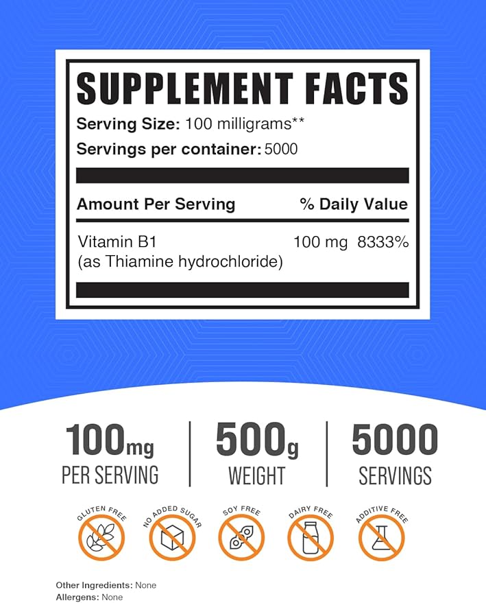 BulkSupplements.com Thiamine HCl Powder - Thiamine Hydrochloride, B1 Vitamins, Thiamine B1 Supplement, Thiamine 100mg - Gluten Free, 100mg per Serving, 500g (1.1 lbs) (Pack of 1)