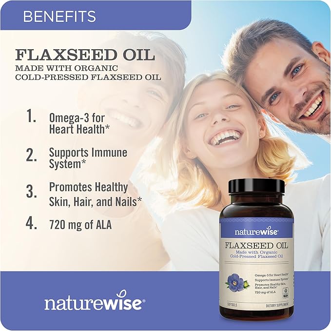 NatureWise Flaxseed Oil 1200mg Softgels 720mg ALA, 3 6 6 9, 9, Supplement 240 Softgels[4-Month Softgels[4-Month Supply]