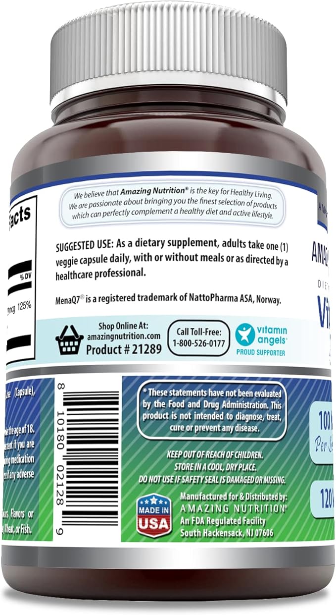 Amazing Formulas Vitamin K2 Menaq7 MK7 Supplement 100 Mcg (1 Pack, 120 Count)