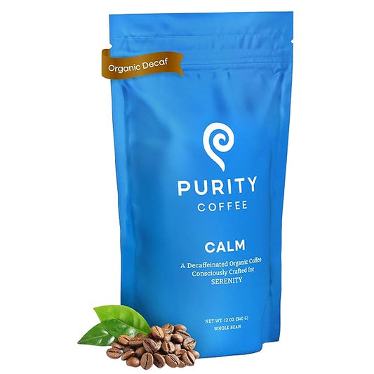 Purity Coffee CALM Decaf Medium Roast Whole Beans - USDA Certified Organic Specialty Grade Arabica Swiss Water Processed Decaffeinated - Third Party Tested for Mold, Mycotoxins, Pesticides - 12 oz Bag