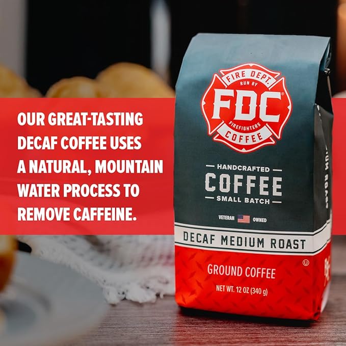 Fire Department Coffee - Gives Back to Firefighters - Premium Decaf Ground Coffee - Roasted in the USA - Decaffeinated Using Natural Mountain Water - Veteran Owned - 12 oz