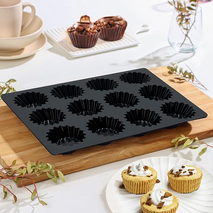 Silicone Peanut Butter Cup Molds 12 Cups Chocolate Candy Mold Mini Tart Pan for Keto Fat Bombs, Reese, Jello, Brownies, Cordial 2Pack Black