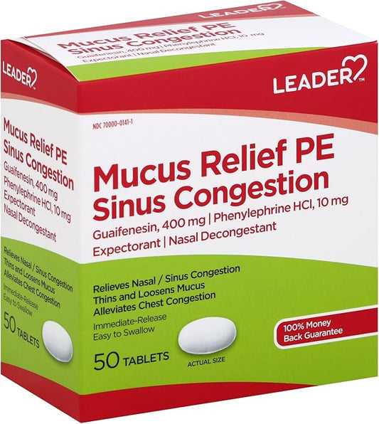 Leader Mucus Relief PE Sinus Congestion, 50 Tablets