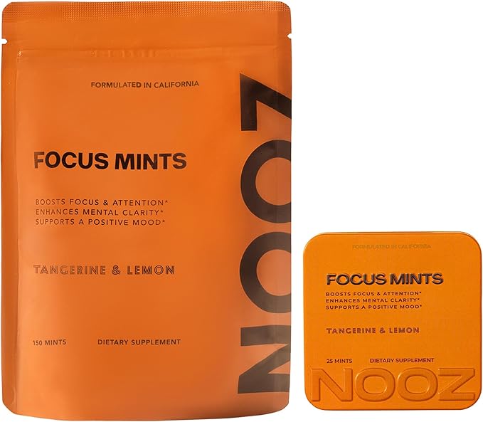 NOOZ Focus Mints Refill Bag - Caffeine-Free Brain Booster for Mental Clarity-Tangerine & Lemon Flavor | Sugar-Free, Travel-Friendly Supplement with Vitamin C, B6, B12 - Non-GMO, Clean Label, 150 Mints