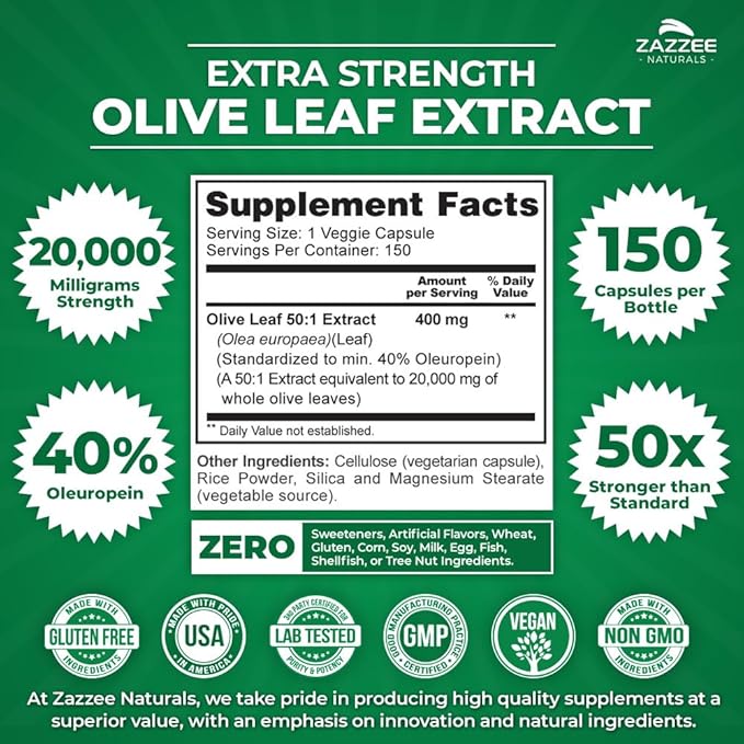 Zazzee Extra Strength Olive Leaf 50:1 20,000 mg 40% Oleuropein, 150 Vegan 5 Month 50X Extract, 100% Vegetarian,