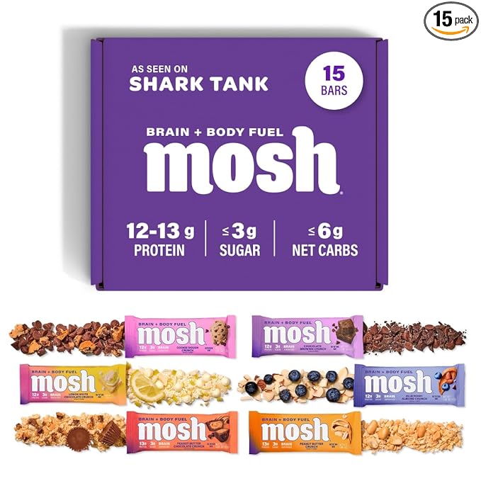 MOSH Variety Pack Keto Protein Bars, High Fiber, Low Carb, Gluten Free, High Protein, Brain Healthy Snack with Ashwagandha, Lion's Mane, 15 Count