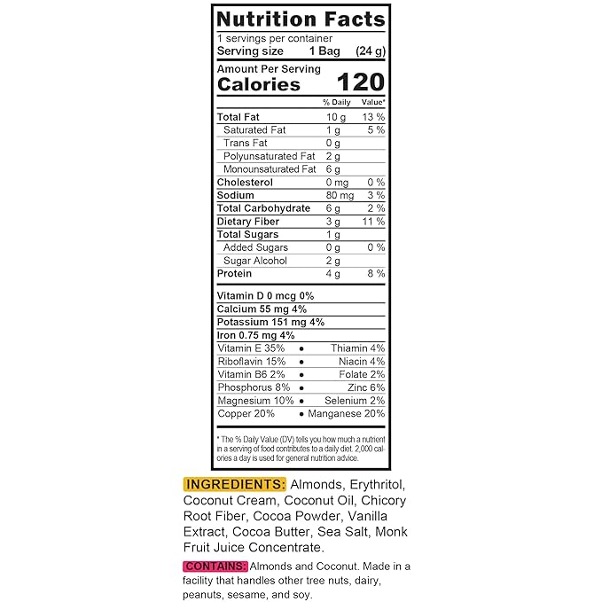 TGB Chocolate Almond Nut Bites, Keto Snacks, No Added Sugar, Gluten Free, Healthy Low Carb To Go, 0.85oz Bag (Pack of 6)