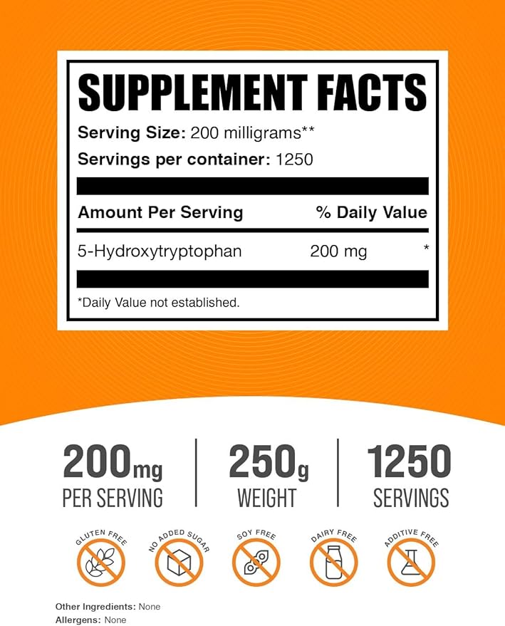 BulkSupplements.com 5-HTP Powder 5-Hydroxytryptophan, 5 5 HTP 5-HTP 200mg, 200mg, Mood 200mg per 250g (8.8 (8.8 oz) 1)