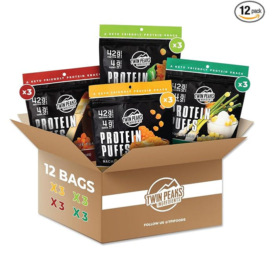 Twin Peaks Low Carb, Keto Friendly Protein Puffs, 2 Serving 12 Pack, (60g, 42g Protein, 4g Carbs)