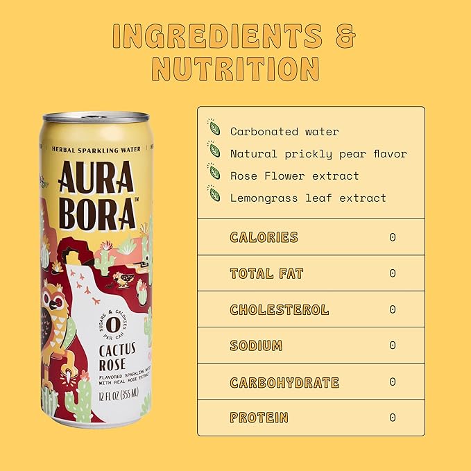 Aura Bora, Cactus Rose Herbal Sparkling Water, 12 oz Can (Pack of 12), 0 Calories, 0 Sugar, 0 Sodium, Non-GMO
