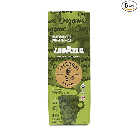 Lavazza ¡Tierra! Usda Organic Ground Coffee Premium Blend Authentic Italian, 100% Arabica Blended And Roasted in Italy, Value Pack, USDA Organic, 100% Sustainable Grown, 12 Oz (Pack of 6)
