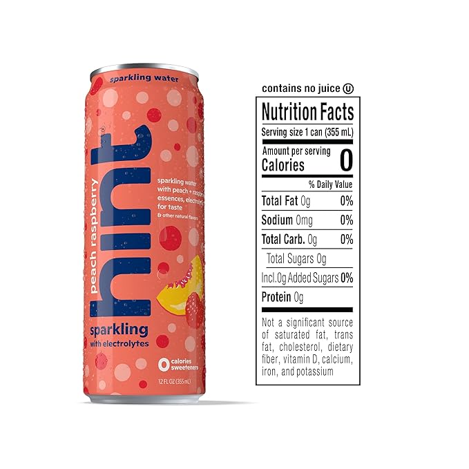 Hint Sparkling Water, Peach Raspberry - Canned Flavored Water Beverages with Electrolytes, Zero Calories, and Sugar Free - 12 Fl Oz Cans (Pack of 12)