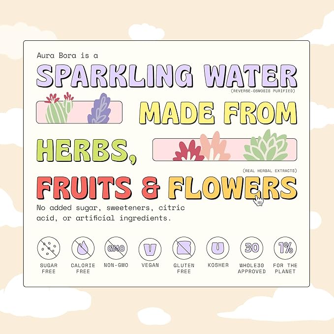 Aura Bora, Strawberry Basil Herbal Sparkling Water, 12 oz Can (Pack of 12), 0 Calories, 0 Sugar, 0 Sodium, Non-GMO