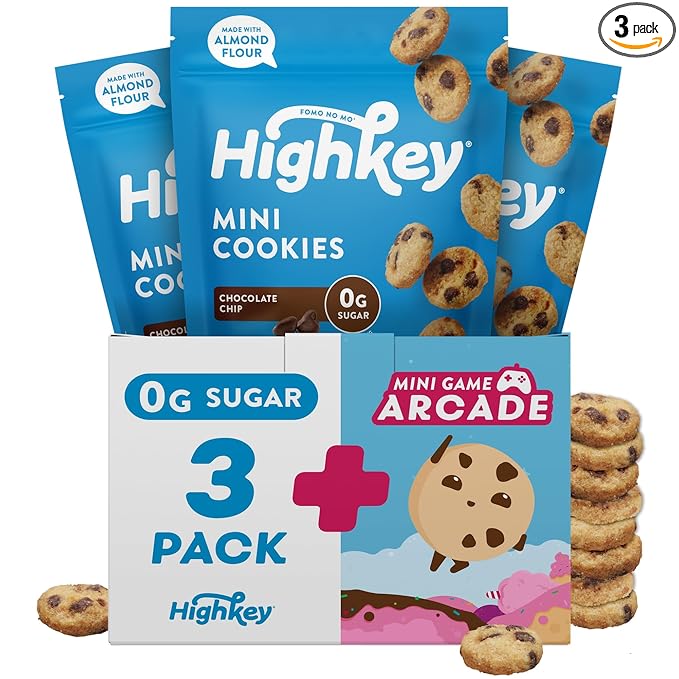 HighKey Keto Chocolate Chip Mini Cookies - Gluten Free Sugar Free Cookies Keto Snack Low Carb Snacks Healthy Protein Diabetic Dessert Food Low Sugar Treat Diet Friendly Sweets 3 Pack + Arcade