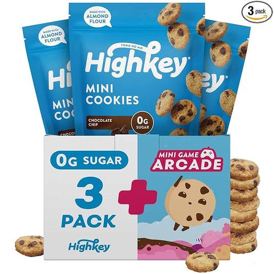 HighKey Keto Chocolate Chip Mini Cookies - Gluten Free Sugar Free Cookies Keto Snack Low Carb Snacks Healthy Protein Diabetic Dessert Food Low Sugar Treat Diet Friendly Sweets 3 Pack + Arcade