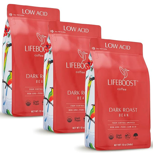 Lifeboost Dark Roast Whole Bean Coffee - Non-GMO Low Acid Single Origin USDA Organic Coffee - Third Party Tested For Mycotoxins & Pesticides - 12 Ounces (Pack of 3)