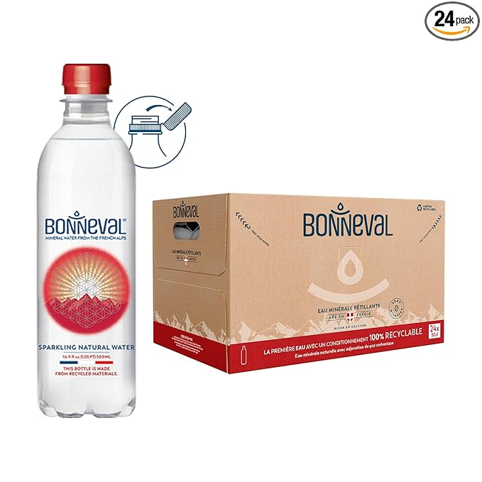 BONNEVAL Natural Sparkling Water. Mineral water from the French Alps. Recycled water bottles 24 pack, 16.9 FL OZ