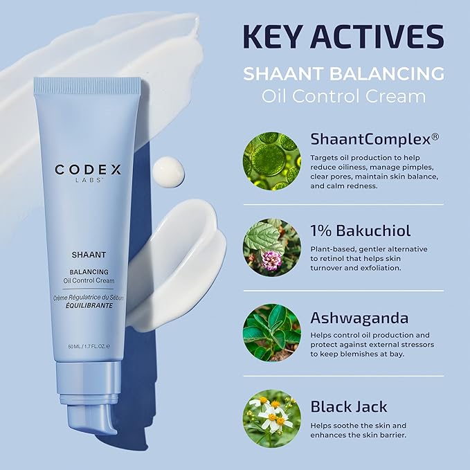 Codex Labs Shaant Balancing Face Cream - Plant Retinol Alternative & Oil Control - For Acne Prone Skin, All Skin Types - With 1% Bakuchiol, Ashwagandha - Cruelty-Free, Vegan Skincare (50ml)