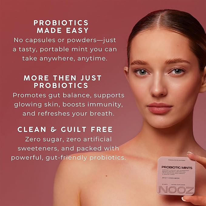 NOOZ Probiotic Mints 2-Pack - Gut & Oral Health Support - Spicy Cinnamon | Boosts Immunity & Digestion, Freshens Breath - Sugar-Free, No Aspartame - Wellness Supply for Active Lifestyles, 50 Mints