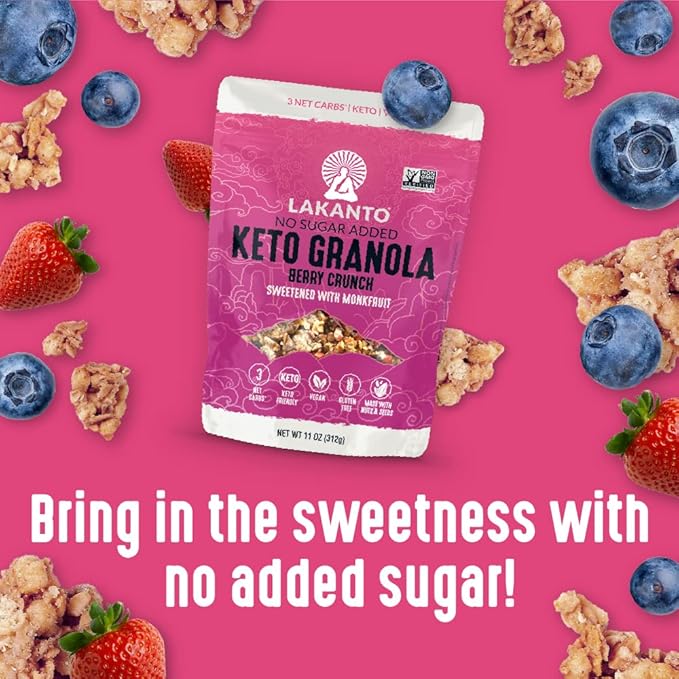 Lakanto Berry Crunch Granola - Delicious Snack, Quick Breakfast Cereal, Keto Friendly, Monk Fruit Sweetener, No Sugar Added, Vegan, Gluten Free, Grain Free, 3g Net Carbs (11 oz)