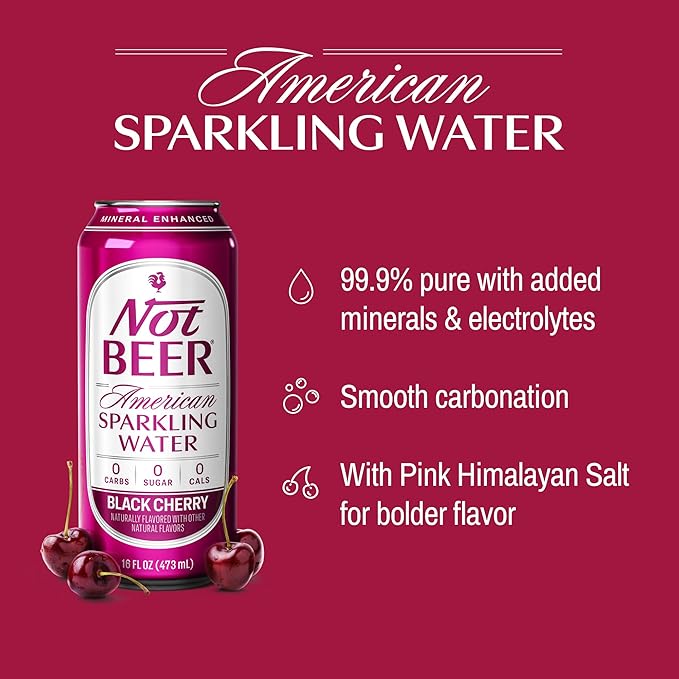 Not Beer American Sparkling Water, Black Cherry, 99.9% Pure, Mineral & Electrolyte Blend, Carbonated Water, Soda Water, Sparkling Water Cans, Made in America, 16 Oz Tallboy Cans, 8 Pack