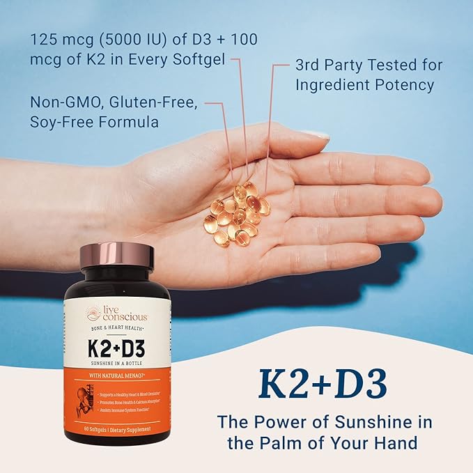 Live Conscious Vitamin K2 MK7 D3 Supplement D3 5000 5000 IU 60 Softgels