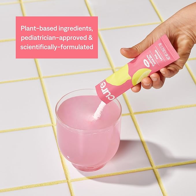 Cure Hydration - Kids Electrolyte Drink Mix | Plant-Based Pediatrician Formulated Rehydration | No Added Sugar, Non-GMO, Gluten-Free, No Artificial Flavors, FSA-HSA | Box of 6 Packets - Pink Lemonade