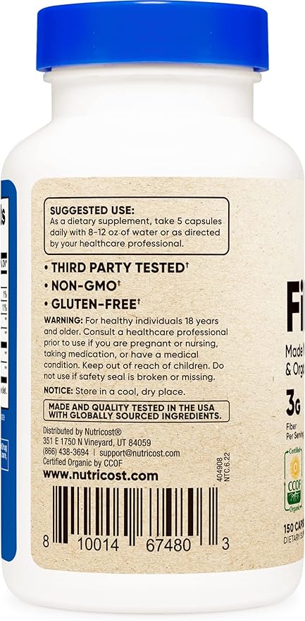 Nutricost Fiber Capsules with Prebiotic Fiber 150 Capsules 3 G