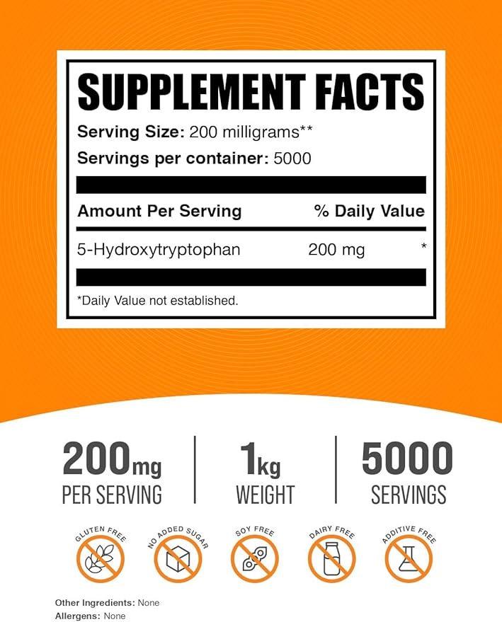 BulkSupplements.com 5-HTP Powder 5-Hydroxytryptophan, 5 5 HTP 5-HTP 200mg, 200mg, Mood 200mg per 5kg (11 (11 lbs) 5)