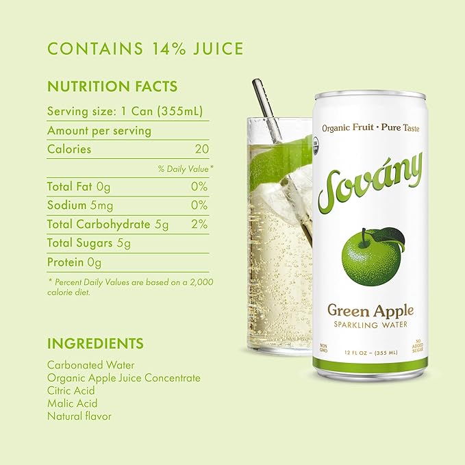 Sovány Sparkling Water, Green Apple, Seltzer Water Drinks, USDA Organic, Made With Real Fruit, Non-GMO, Vegan, No Added Sugar, Low Calorie, 12 fl oz, 24 Pack