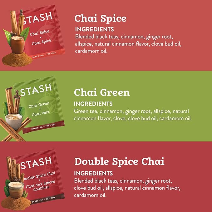 Stash Chai Tea Variety Pack Sampler Assortment - Caffeinated, Non-GMO Project Verified Premium Tea with No Artificial Ingredients, 18-20 Count (Pack of 6)