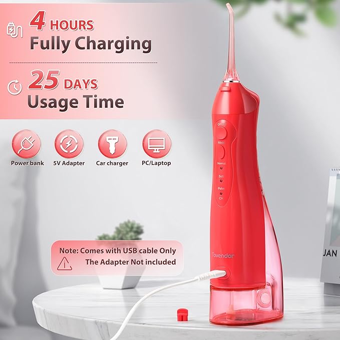 TOVENDOR Electric Water Flosser, Rechargeable Dental 3 Modes, 5 Tips (300ML, IPX7Waterproof IPX7Waterproof Waterflosser)
