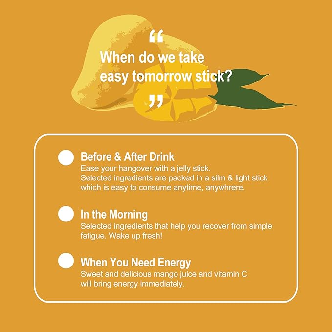 Easy Tomorrow Jelly Stick Before/After Drink Alcohol, After Party Recovery & Relief for Great Night & Better Morning, Party Vacation Aid, Liver Cleanse Detox, Mango Flavored, 상쾌환, 20 Sticks