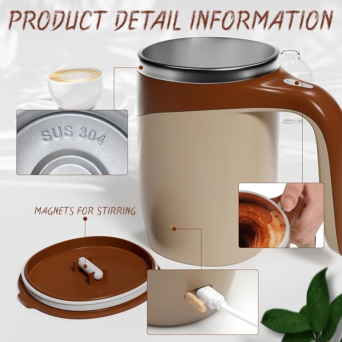 Self Stirring Coffee Mug, Rechargeable Automatic Coffee Stirring Mixing Mug, Electric Funny Self Mixing Cup, Stainless Steel Travel Coffee Cup for Office(Brown)