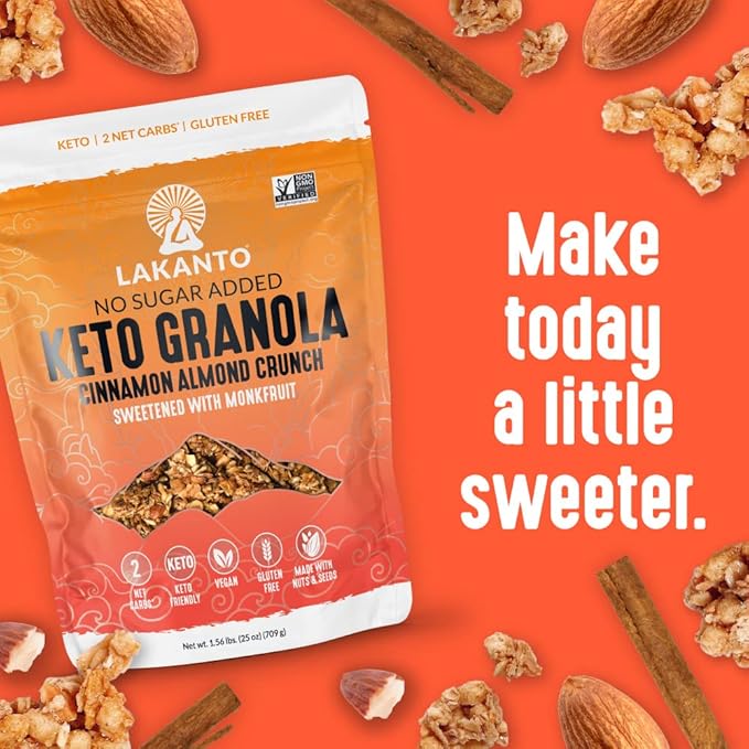 Lakanto Cinnamon Almond Crunch Granola - Monk Fruit Sweetener, Delicious Snack, Quick Breakfast Cereal, Keto Friendly, No Sugar Added, Vegan, Gluten Free, Grain Free, Low Net Carbs (25 Oz)