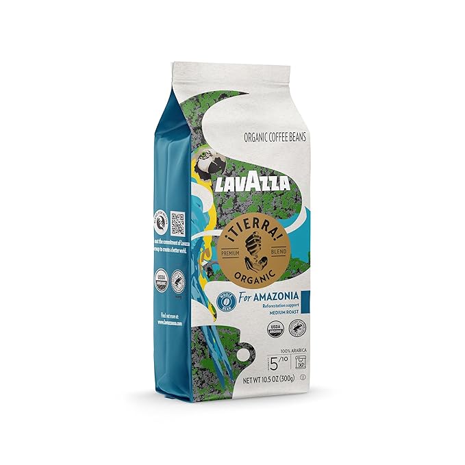 Lavazza, ¡Tierra Organic Amazonia Whole Bean Coffee Medium Roast 10.5 Oz Bag, Balanced and Aromatic Fruity and floral notes - Packaging May Vary