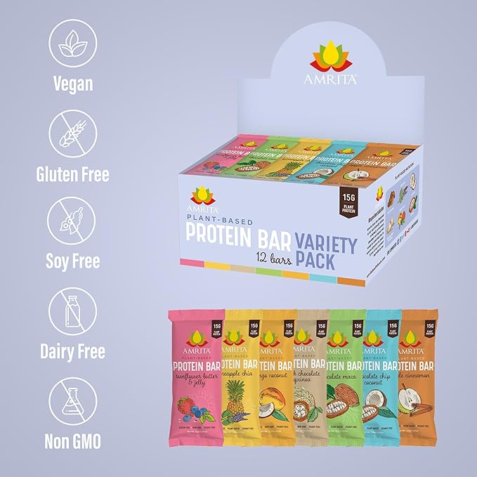 AMRITA Vegan Protein Bars Variety Pack (6 Flavors), |15g Plant