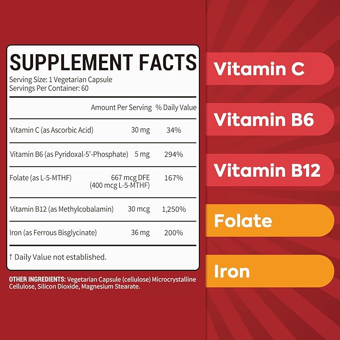 Iron Supplement, Iron Bisglycinate with Folate, B6, B12, B12, 5-in-1 5-in-1 Blood 60 Capsules