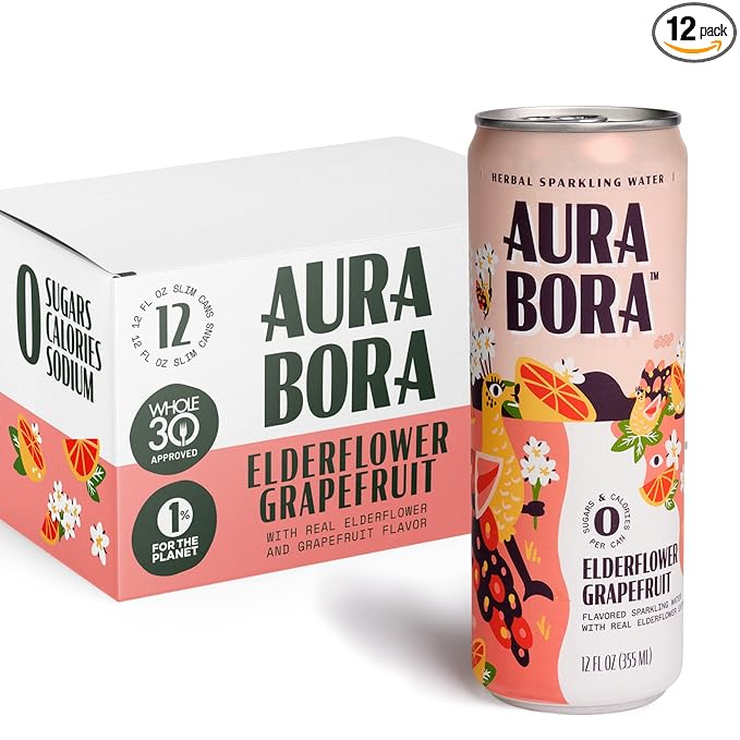Aura Bora, Grapefruit Elderflower Herbal Sparkling Water, 12 oz Can (Pack of 12), 0 Calories, 0 Sugar, 0 Sodium, Non-GMO