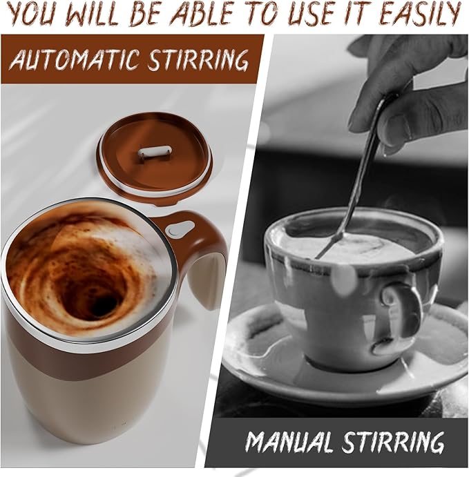 Self Stirring Coffee Mug, Rechargeable Automatic Coffee Stirring Mixing Mug, Electric Funny Self Mixing Cup, Stainless Steel Travel Coffee Cup for Office(Brown)