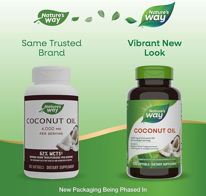 Nature's Way Coconut Oil, 62% MCTs, Hexane Free, 120 Softgels (Packaging May Vary)