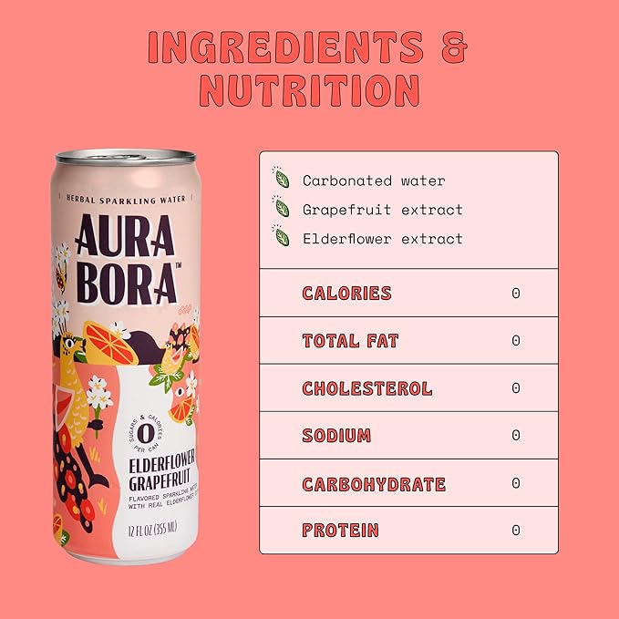 Aura Bora, Grapefruit Elderflower Herbal Sparkling Water, 12 oz Can (Pack of 12), 0 Calories, 0 Sugar, 0 Sodium, Non-GMO